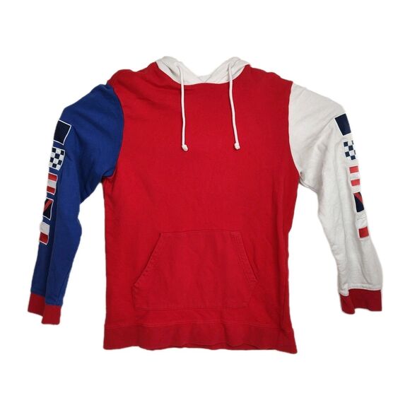 PacSun Pullover Hoodie Men's M Colorblock Red/White/Blue Flag Patches on Arms - Picture 1 of 11